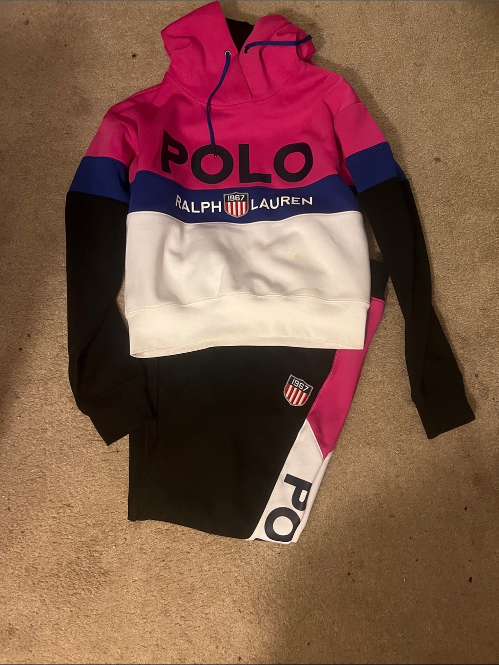 Ralph Lauren Pink, Blue, White & Black Colorblock Hoodie and Joggers Set